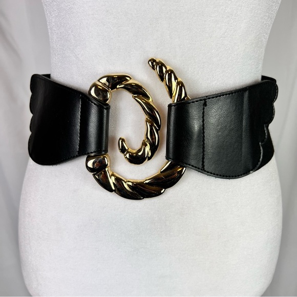 Accessories - Vintage Wide Belt with Hook Closure, Gold Hardware, S/M, 3” Wide, Black